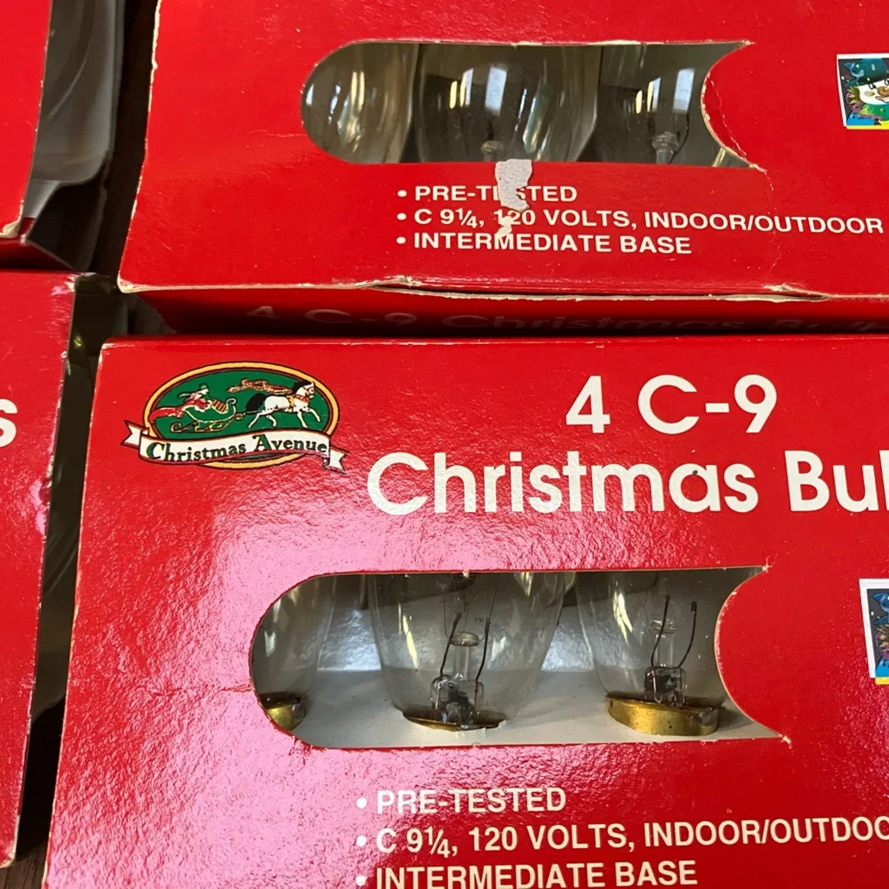 7 packs of 4 ea C9 clear replacement bulbs. 120 volt. Indoor/Outdoor. New boxed.